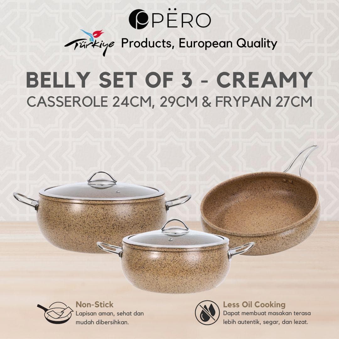 Pero Belly Set Of 3 Casserole 24cm + Casserole 29cm + Frypan 27cm / Wajan Panci Anti Lengket Kitchenware