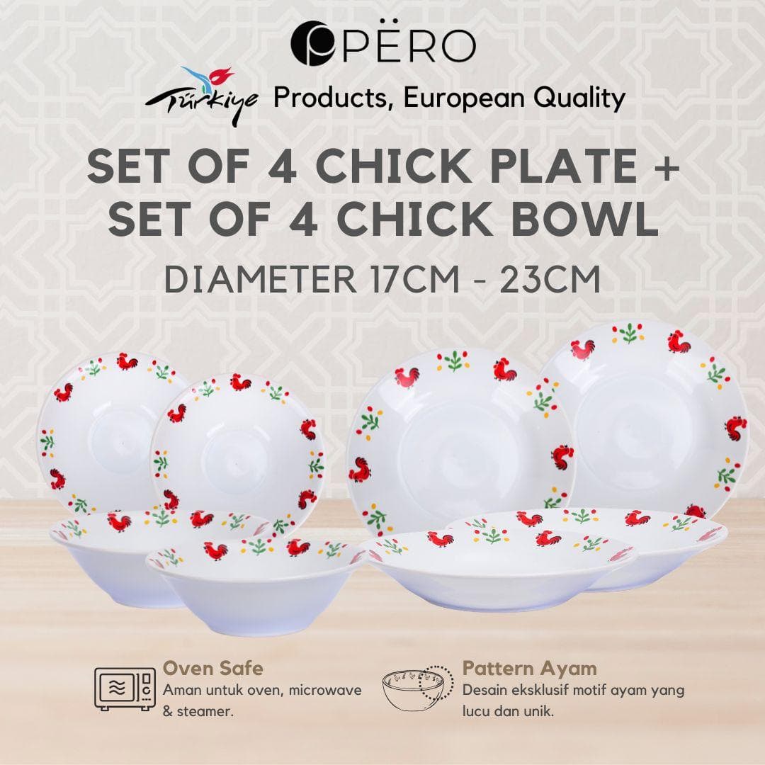 PERO Set 8pcs Chick Plate & Bowl Motif Ayam / 4 Piring 23CM + 4 Mangkok 17CM Oven Microwave Safe