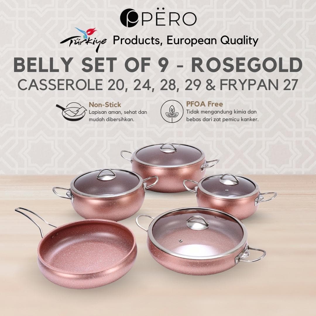 Pero Belly Set of 9 Casserole 20cm, Casserole 24cm, Casserole 28, Casserole 29, Frypan 27 / Wajan Set Panci Penggorengan dengan Tutup Kaca
