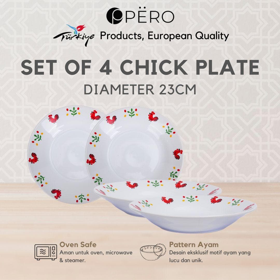 Pero Set of 4 Chick Plate & Bowl / Set Piring 23CM / Mangkuk 17CM Motif Ayam Oven Microwave Steamer Safe