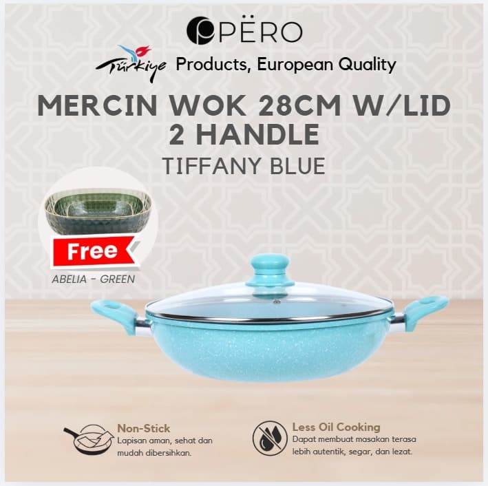 Mercin Wok 28CM W/Lid 2 Handle Non Stick + Tutup Kaca FREE Abelia Plate / Wajan Anti Lengket