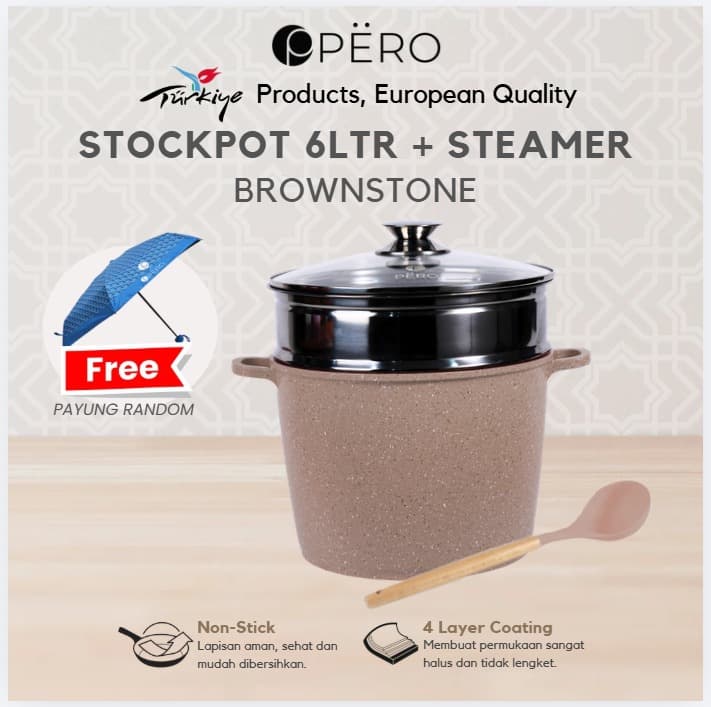 Yuri Stockpot 6L + Steamer Non Stick 4 Layer Coating + Tutup Kaca FREE Payung Random / Panci Kukus 6 Liter