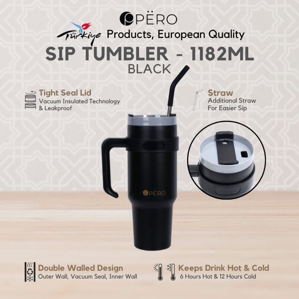 Sip Tumbler 40oz 1182ml Stainless Steel Vacuum Insulated / Tumbler Jumbo Handle + Straw Hot & Cold